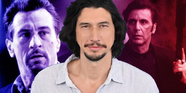 Adam Driver in front of images of Robert De Niro and Al Pacino in the movie Heat